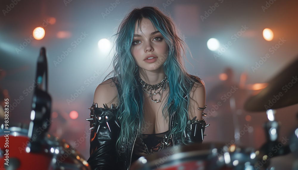 A wild girl with long wavy hair and blue highlights plays drums passionately on stage, surrounded by vibrant lights and lively atmosphere A wild girl with long wavy hair and blue highlights plays drums passionately on stage, surrounded by vibrant lights and lively atmosphere