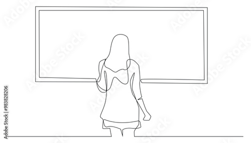 continuous line drawing of woman looking at painting artwork.one line drawing of woman looking at empty frame template.single line vector illustration