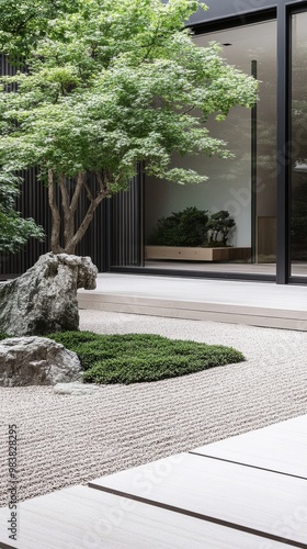 A serene courtyard garden features smooth stones green foliage and raked gravel paths