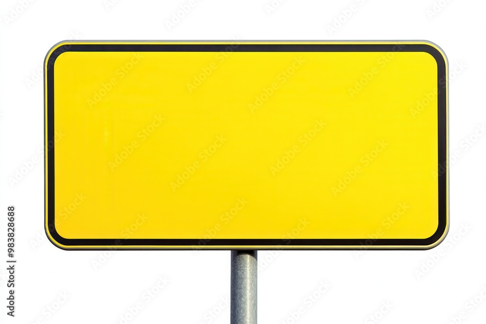 Design a high-quality digital image of a blank, rectangular yellow road sign on a metal pole Design a high-quality digital image of a blank, rectangular yellow road sign on a metal pole