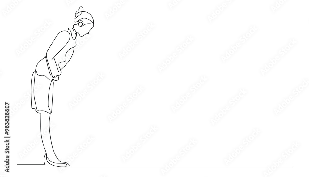 Fototapeta premium female staff giving greetings with a bow.single line illustration.continuous line vector.isolated white background