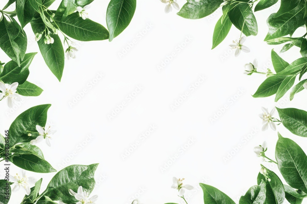 A leafy green frame with small white flowers isolated on white background A leafy green frame with small white flowers isolated on white background