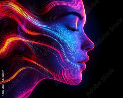 Woman in dream state, immersed in vibrant neural waveforms, symbolizing brain activity and cognitive empowerment, subconscious digital aura