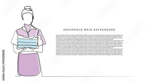 simple line background cleaning maid carries a pile of clean towels.simple one line background