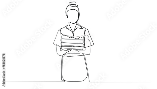 line art drawing of housemaid woman carrying stack of clean towels.abstract single line vector illustration.eps 10