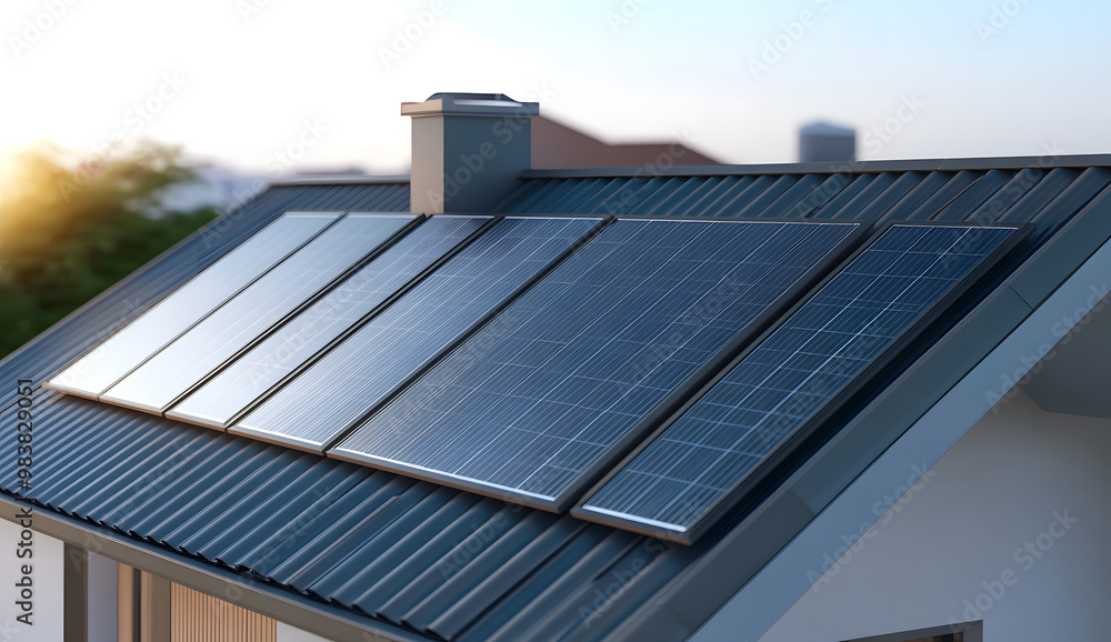 Fototapeta premium Modern Home with Solar Panels at Sunset - Sustainable Energy Concept