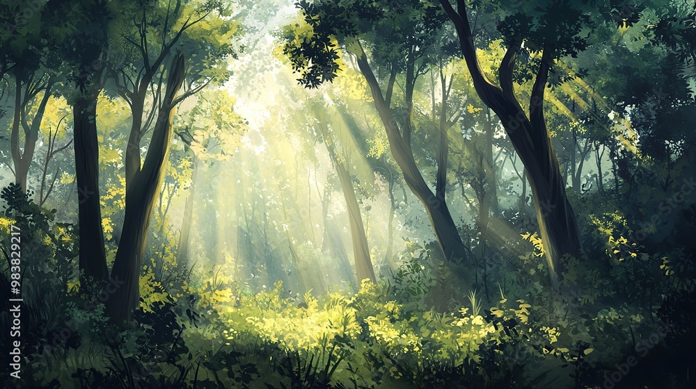 Sunbeams shine through the trees in a lush green forest. Sunbeams shine through the trees in a lush green forest.