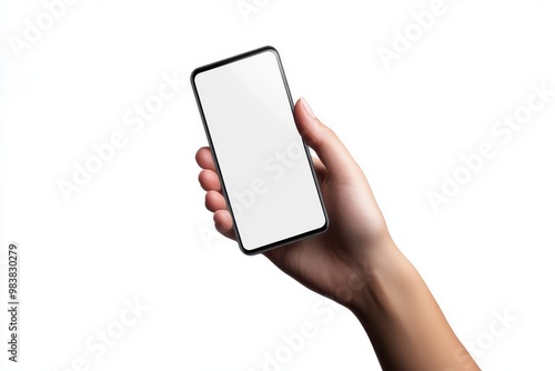 A hand holding a smartphone with blank display isolated on white background