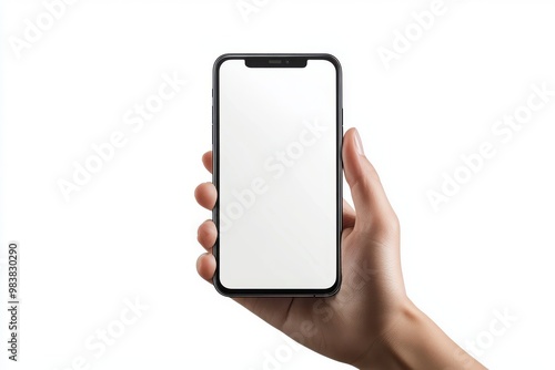 A hand holding a smartphone with blank display isolated on white background