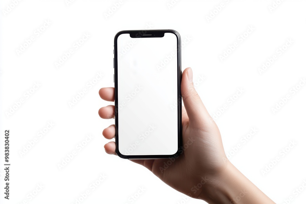 A hand holding a smartphone with blank display isolated on white background A hand holding a smartphone with blank display isolated on white background