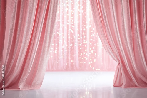 An elegant stage scene with flowing silky pink curtains drawn slightly apart to reveal a glittering backdrop of soft lights that appear to twinkle like stars