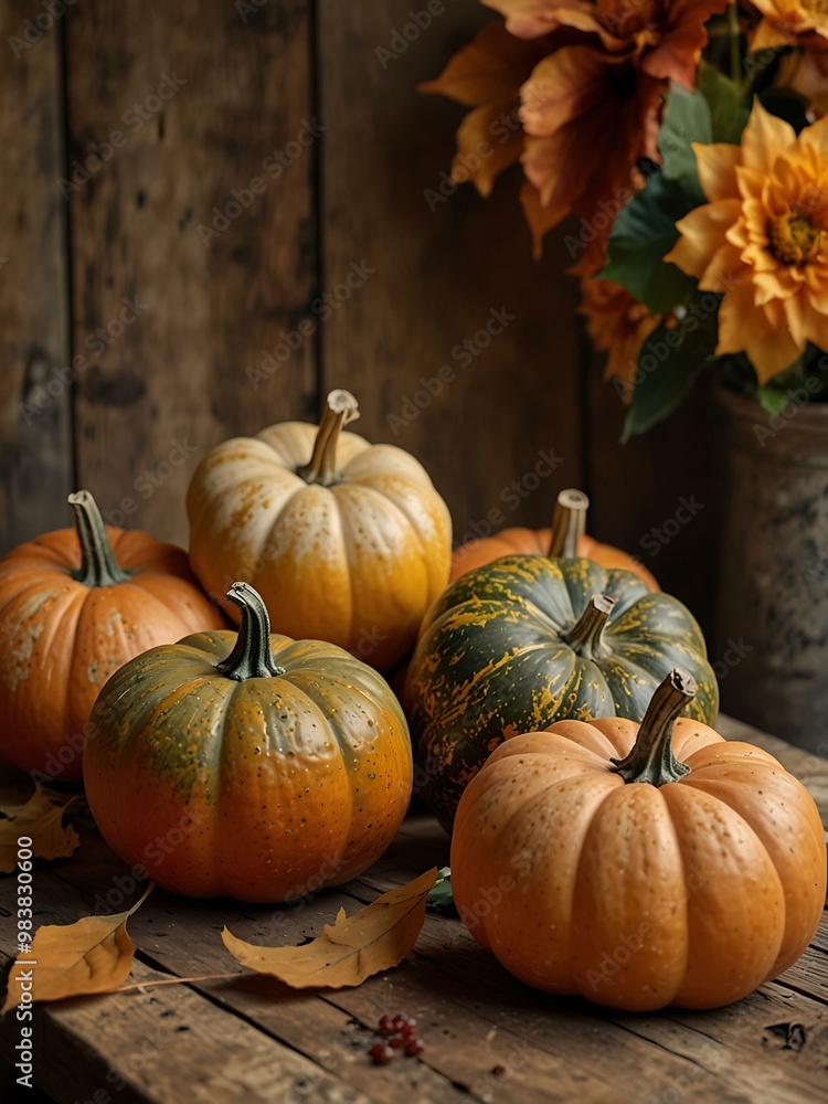 Cluster of pumpkins on a rustic table framed by fall leaves and warm light. Cluster of pumpkins on a rustic table framed by fall leaves and warm light.