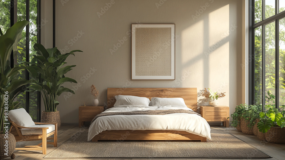 Modern bedroom with natural light and plants in a serene setting during the daytime Modern bedroom with natural light and plants in a serene setting during the daytime