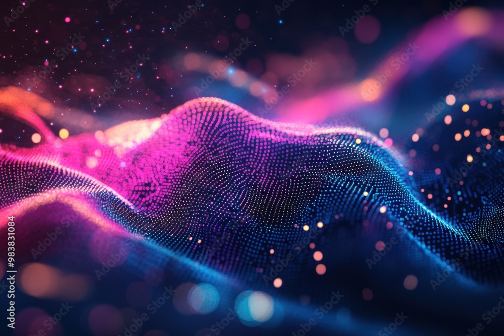 An abstract digital waves in shades of blue with small particles An abstract digital waves in shades of blue with small particles