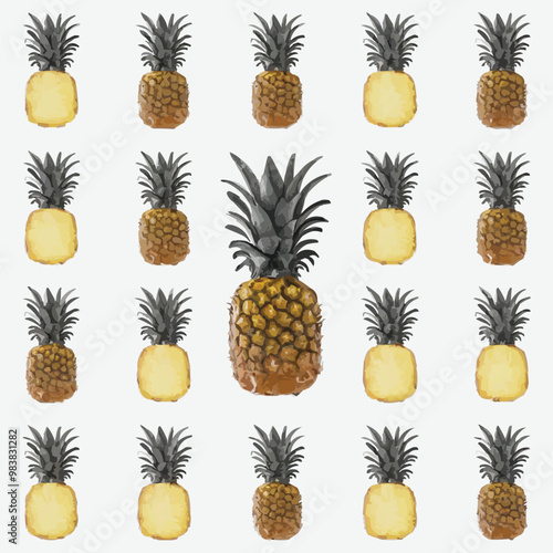 Set of styles vector whole, half and cut slice realistic pineapple illustration.  