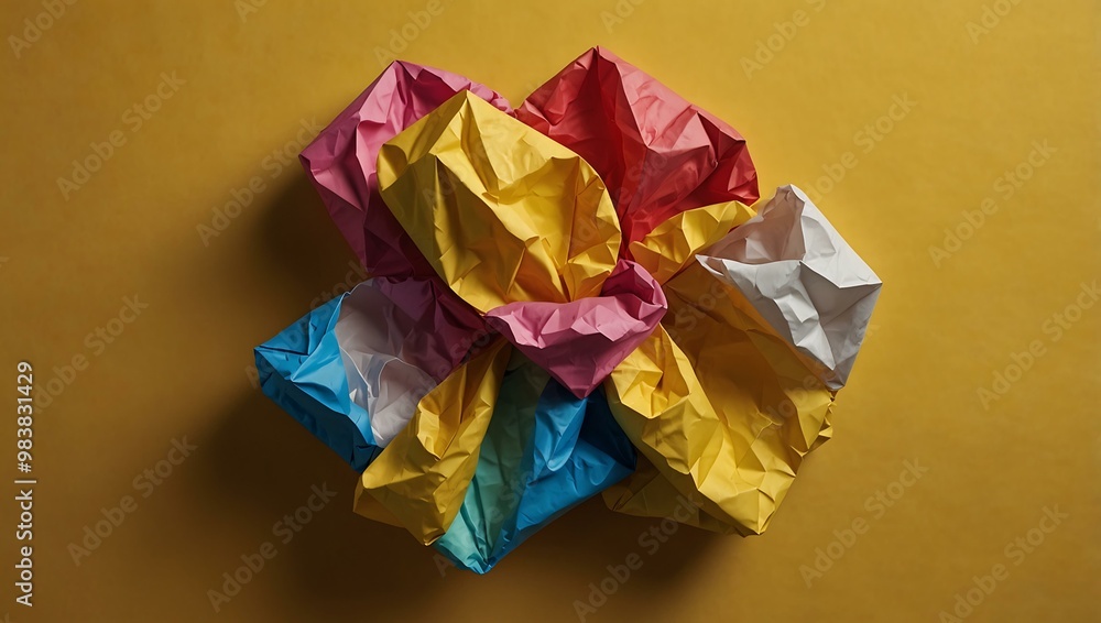 Colorful crumpled paper on a vibrant yellow background. Colorful crumpled paper on a vibrant yellow background.