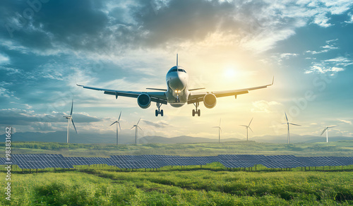 Airplane Flying Over Solar Panels and Wind Turbines - Green Energy and Sustainable Aviation Concept