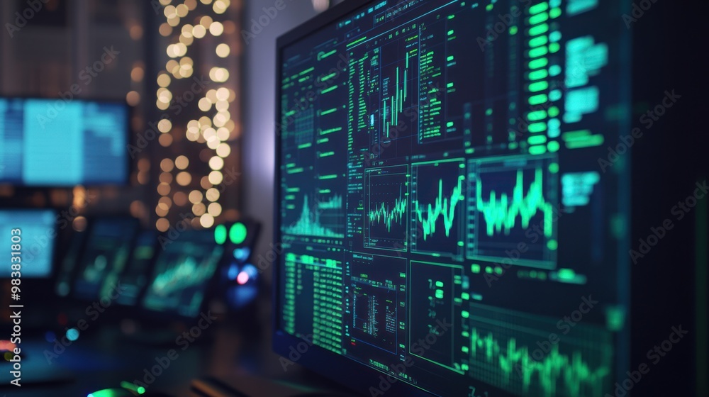 Close-up of digital screen on trader's desk showing complex AI-driven financial model with charts and data illuminated with green neon light. Close-up of digital screen on trader's desk showing complex AI-driven financial model with charts and data illuminated with green neon light.
