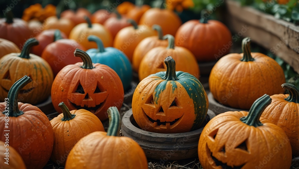 Colorful pumpkins with faces on toy wheels in a vibrant patch. Colorful pumpkins with faces on toy wheels in a vibrant patch.