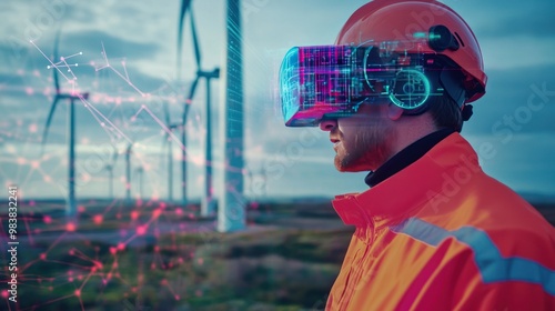 Field engineers wear virtual reality goggles to inspect and maintain wind turbines. photo