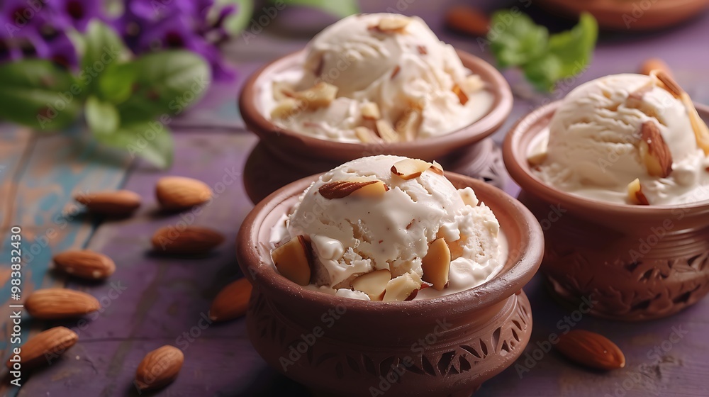 Purple backdrop with kulfi ice cream and almonds served in clay pots