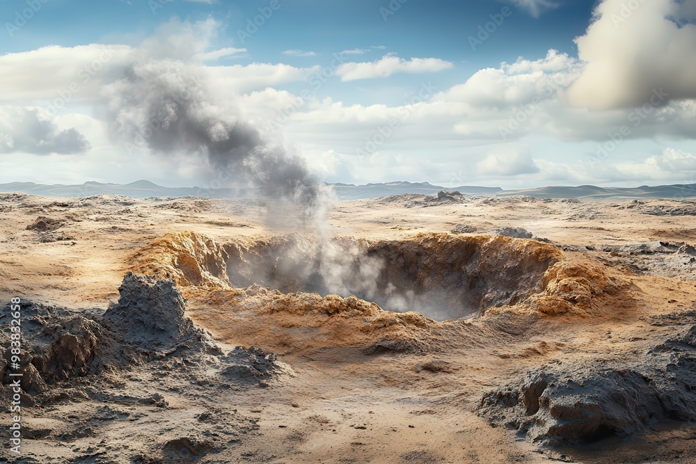 A vast, arid landscape with a large, smoking crater under a partly cloudy sky, depicting a mysterious and dramatic natural phenomenon. A vast, arid landscape with a large, smoking crater under a partly cloudy sky, depicting a mysterious and dramatic natural phenomenon.