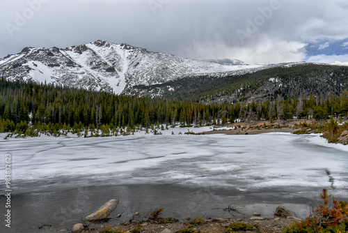 Frozen lake in Rocky Mountains, Sandbeach Lake, Rocky Mountain National Park, Colorado photo