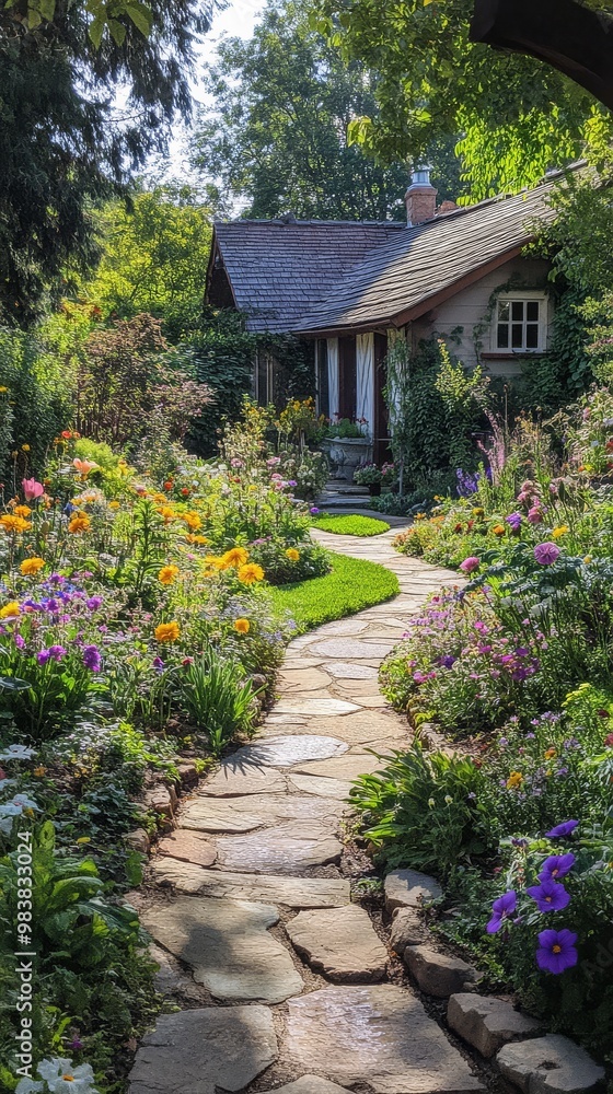 Winding stone paths lead through a lush garden adorned with colorful blooms and greenery Winding stone paths lead through a lush garden adorned with colorful blooms and greenery