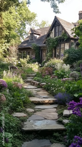 Winding stone paths lead through a vibrant blooming cottage style garden