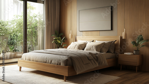 Modern bedroom design featuring natural wood elements and greenery in a bright, serene space