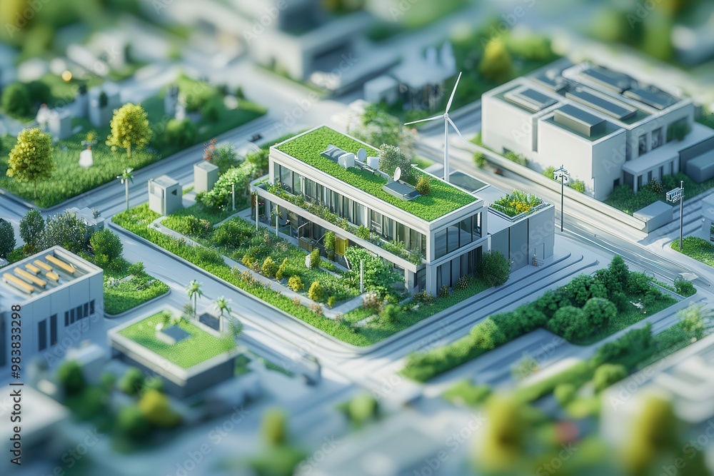 Aerial view of a modern eco-friendly building with green roofs and sustainable design in a vibrant urban setting. Aerial view of a modern eco-friendly building with green roofs and sustainable design in a vibrant urban setting.