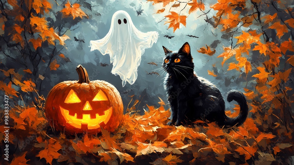 Spooky Halloween Scene with Ghost and Black Cat Spooky Halloween Scene with Ghost and Black Cat