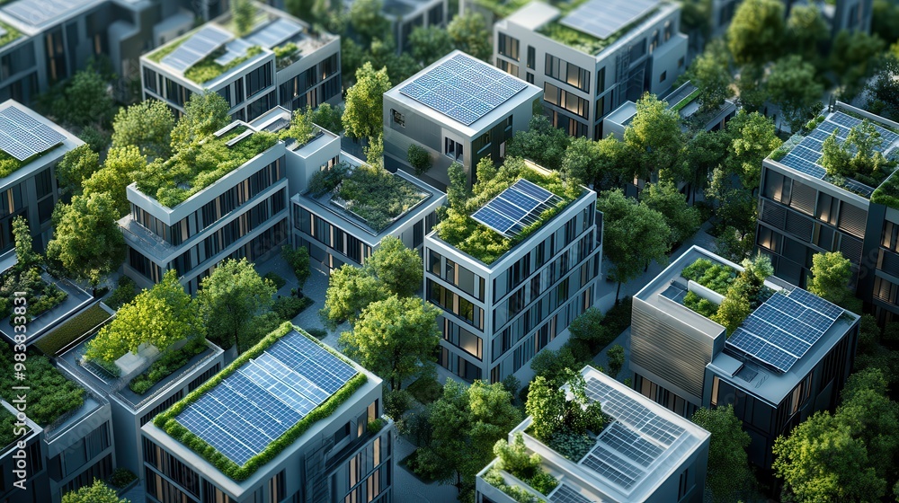 Aerial view of modern buildings with rooftop gardens and solar panels surrounded by lush greenery, showcasing sustainable urban architecture. Aerial view of modern buildings with rooftop gardens and solar panels surrounded by lush greenery, showcasing sustainable urban architecture.