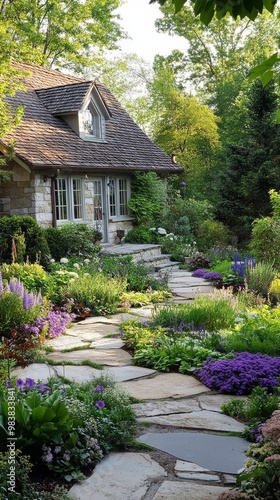 A delightful cottage garden showcases vibrant flowers and winding stone pathways