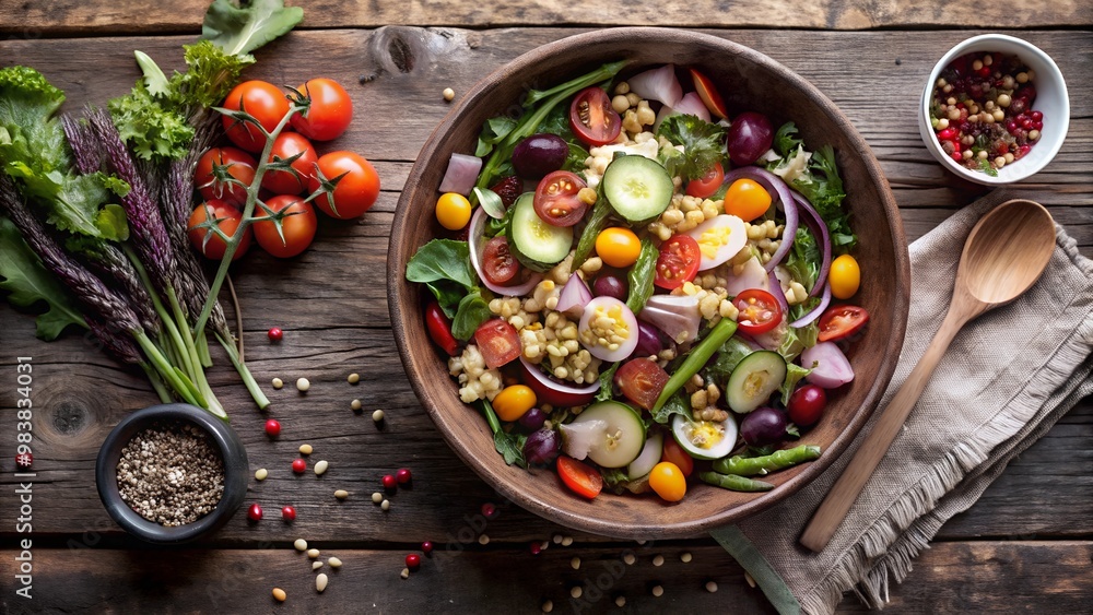 Healthy vegetables salad in a wooden bowl on a wooden table