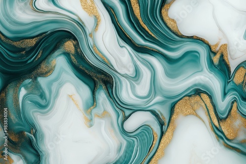 A scene with flowing, abstract patterns of marble-like texture in rich shades of deep teal, emerald green, and white