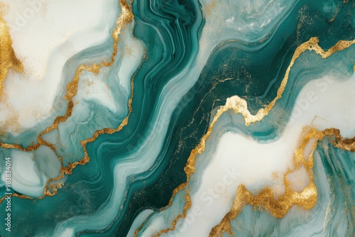 A scene with flowing, abstract patterns of marble-like texture in rich shades of deep teal, emerald green, and white