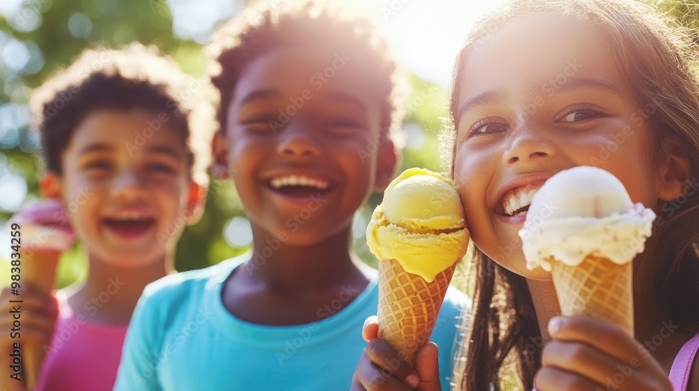 Children enjoying colorful ice cream cones in a sunny park, sharing a moment of summer joy Children enjoying colorful ice cream cones in a sunny park, sharing a moment of summer joy