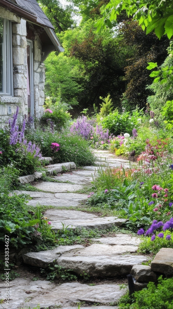 A lovely stone path weaves through a vibrant garden of blooming flowers and greenery A lovely stone path weaves through a vibrant garden of blooming flowers and greenery