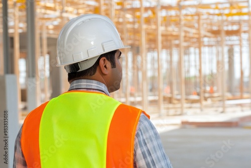 A construction worker wearing a white hard hat and bright reflective vest observes the progress of a building project