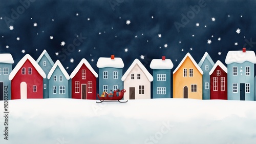 A charming winter scene with colorful houses, snow, and a festive sleigh against a dark sky, perfect for holiday themes.