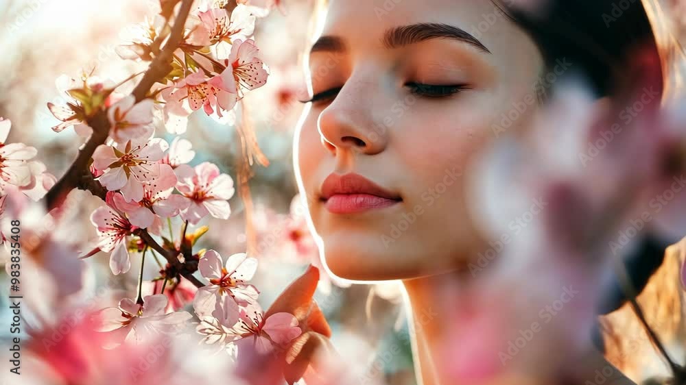 A serene moment of a young woman enjoying cherry blossoms in a sunlit garden during springtime A serene moment of a young woman enjoying cherry blossoms in a sunlit garden during springtime