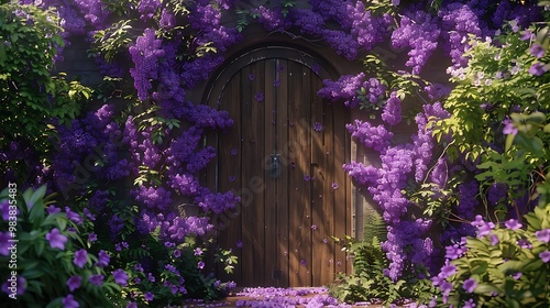 Purple blossoms and lush foliage encircle the natural wood door