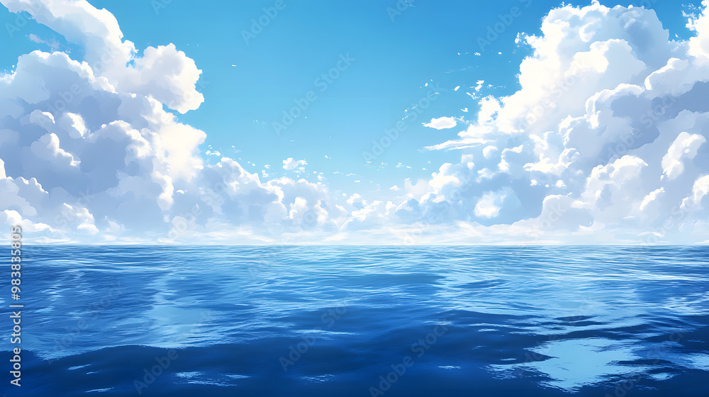 Beautiful blue sky with fluffy white clouds reflected in the calm ocean waves Beautiful blue sky with fluffy white clouds reflected in the calm ocean waves