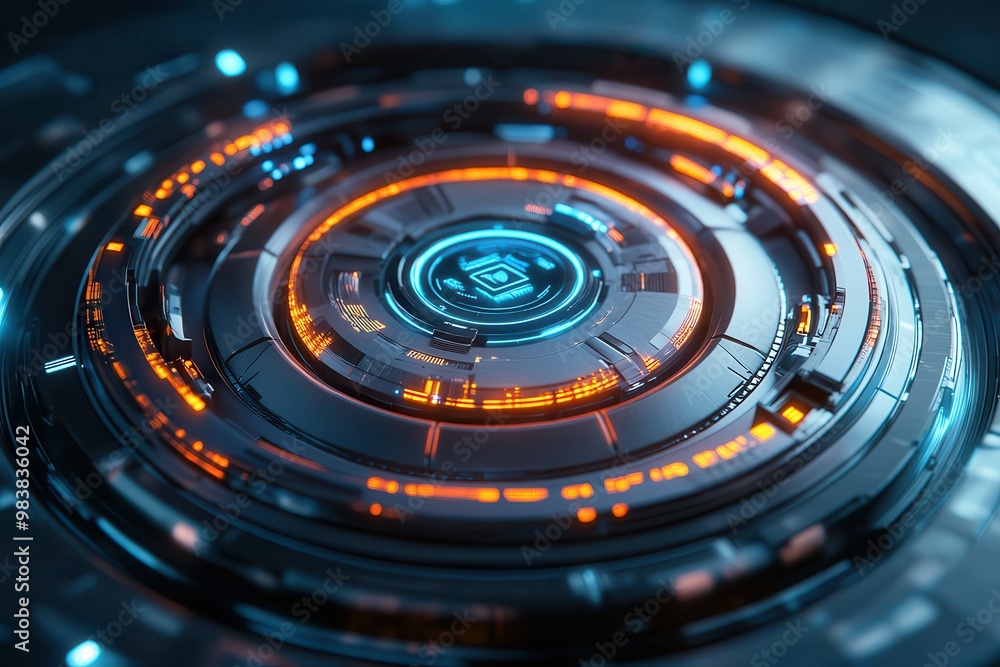 Futuristic holographic interface with orange and blue lights, depicting advanced technology and data visualization in a circular design. Futuristic holographic interface with orange and blue lights, depicting advanced technology and data visualization in a circular design.