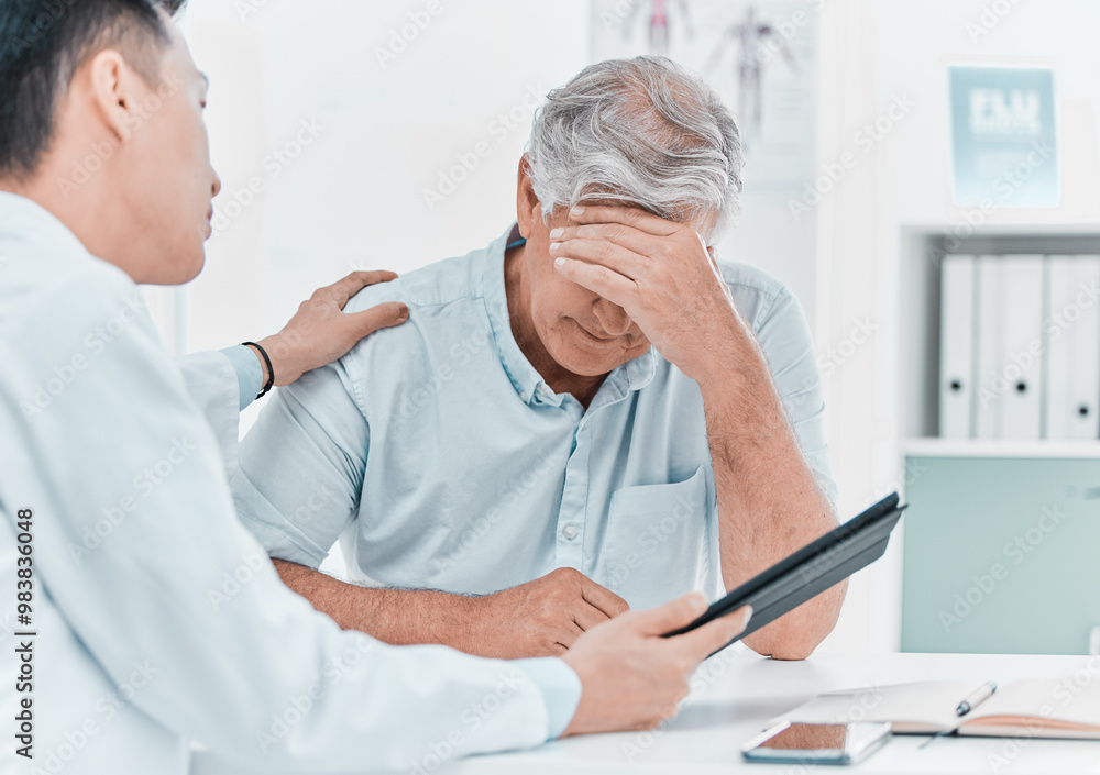 Obraz premium Men, doctor and patient with stress on tablet in office on consultation with feedback on diagnosis. People, medical professional and mature person at clinic for bad news, report and support or care