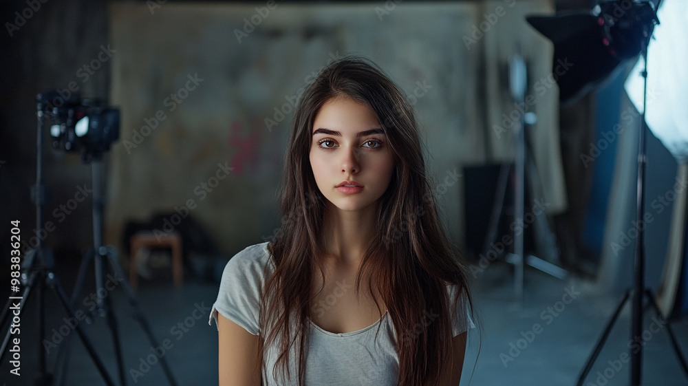 Young woman with long hair poses in studio, surrounded by photography equipment and dim lighting Young woman with long hair poses in studio, surrounded by photography equipment and dim lighting