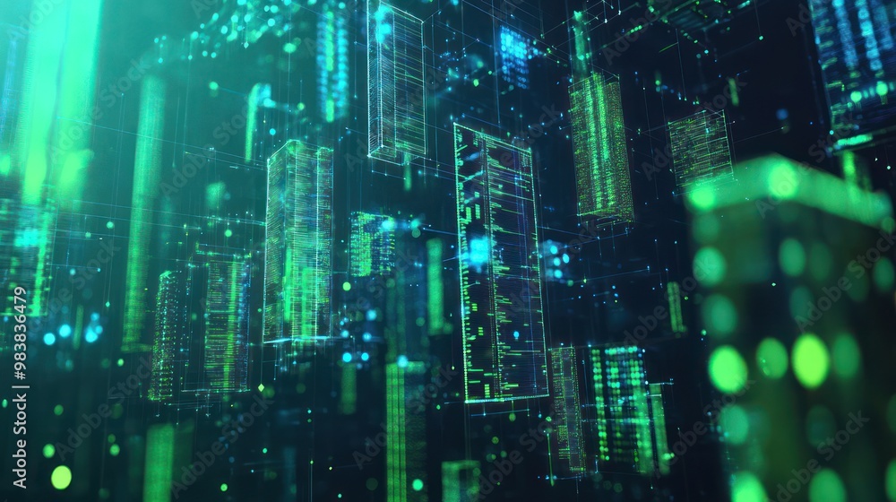 An investor presentation with neon green and blue charts floating in mid-air, showing the potential growth and applications of quantum computing in various industries An investor presentation with neon green and blue charts floating in mid-air, showing the potential growth and applications of quantum computing in various industries