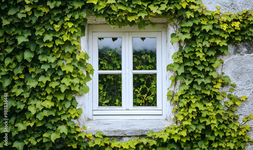 White window covered with green ivy. Concepts of conservation and adaptation