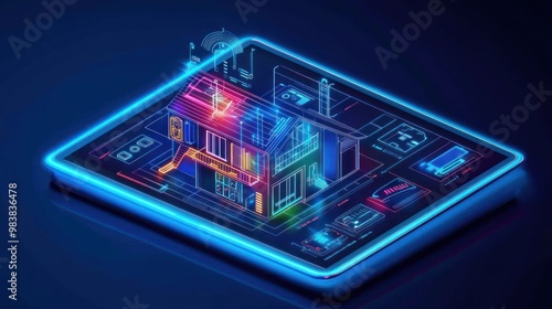 An IoT smart home dashboard on a tablet displaying control panels for various home devices, all illuminated by neon lights, showing energy consumption and security status photo